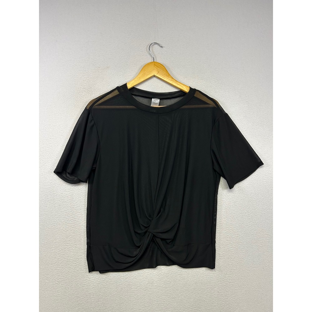 Athleisure Cali Sport Women Large Black Twist Front Mesh Sheer Short Sleeve Top